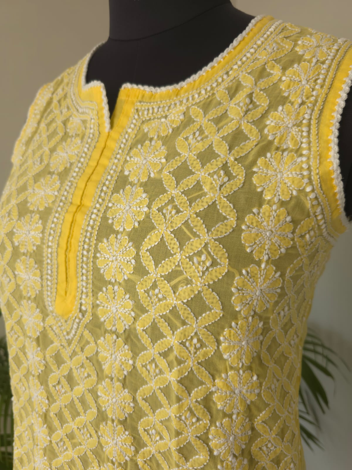 Soft Cotton Hand embroidered Yellow Sleeveless Short top