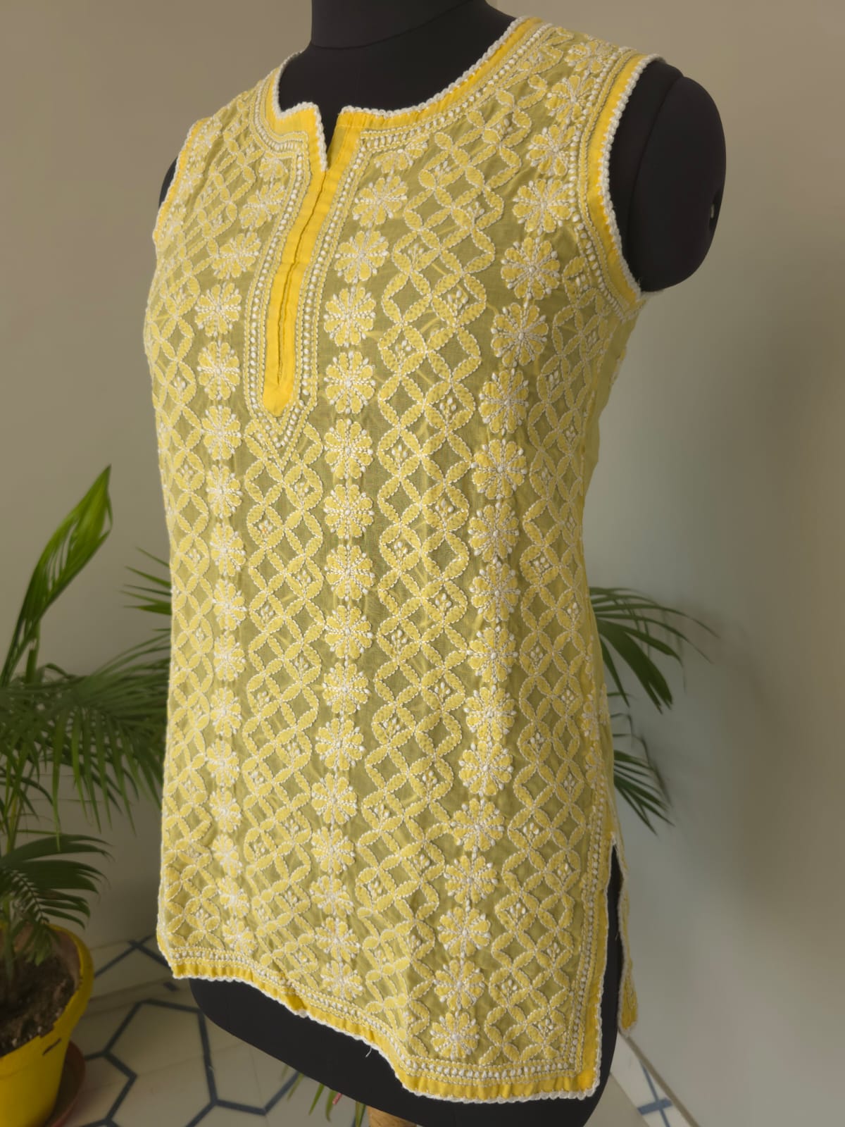 Soft Cotton Hand Embroidered Mango Yellow Sleeveless Short Top