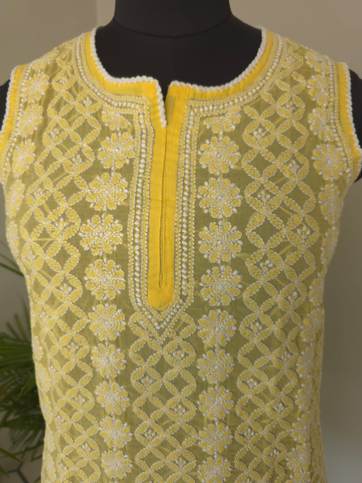 Soft Cotton Hand embroidered Yellow Sleeveless Short top