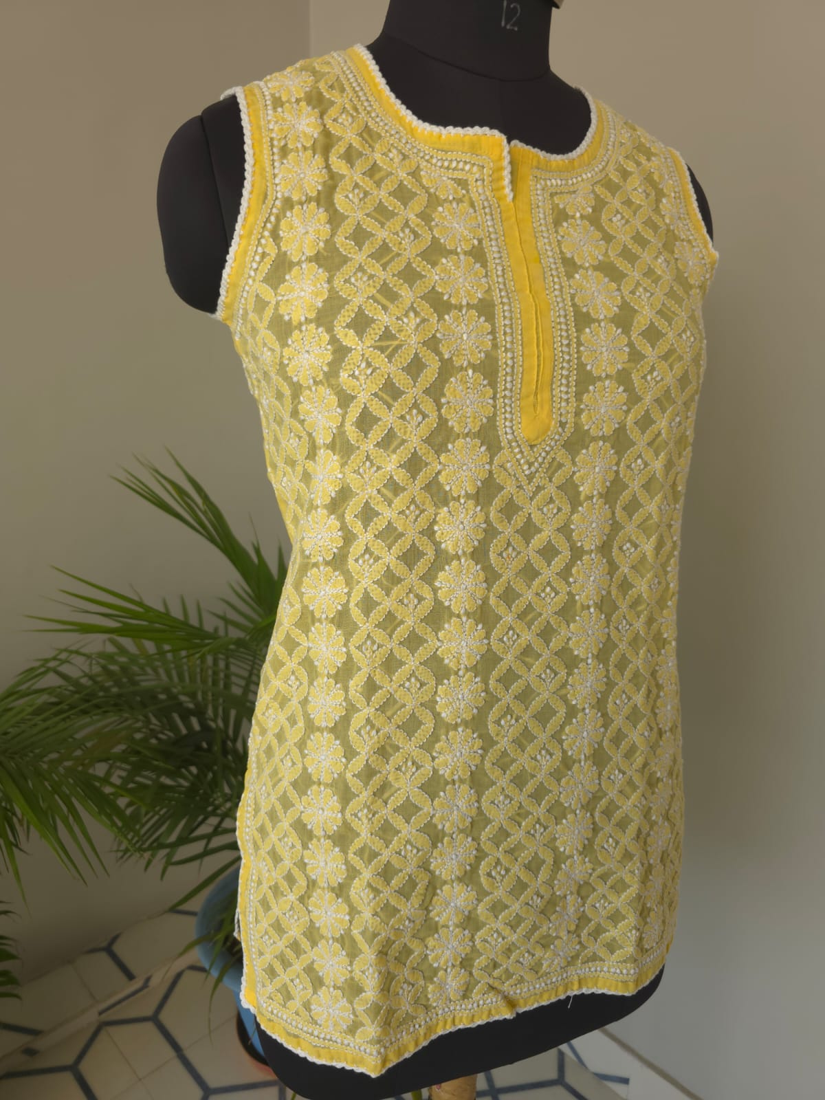 Soft Cotton Hand embroidered Yellow Sleeveless Short top