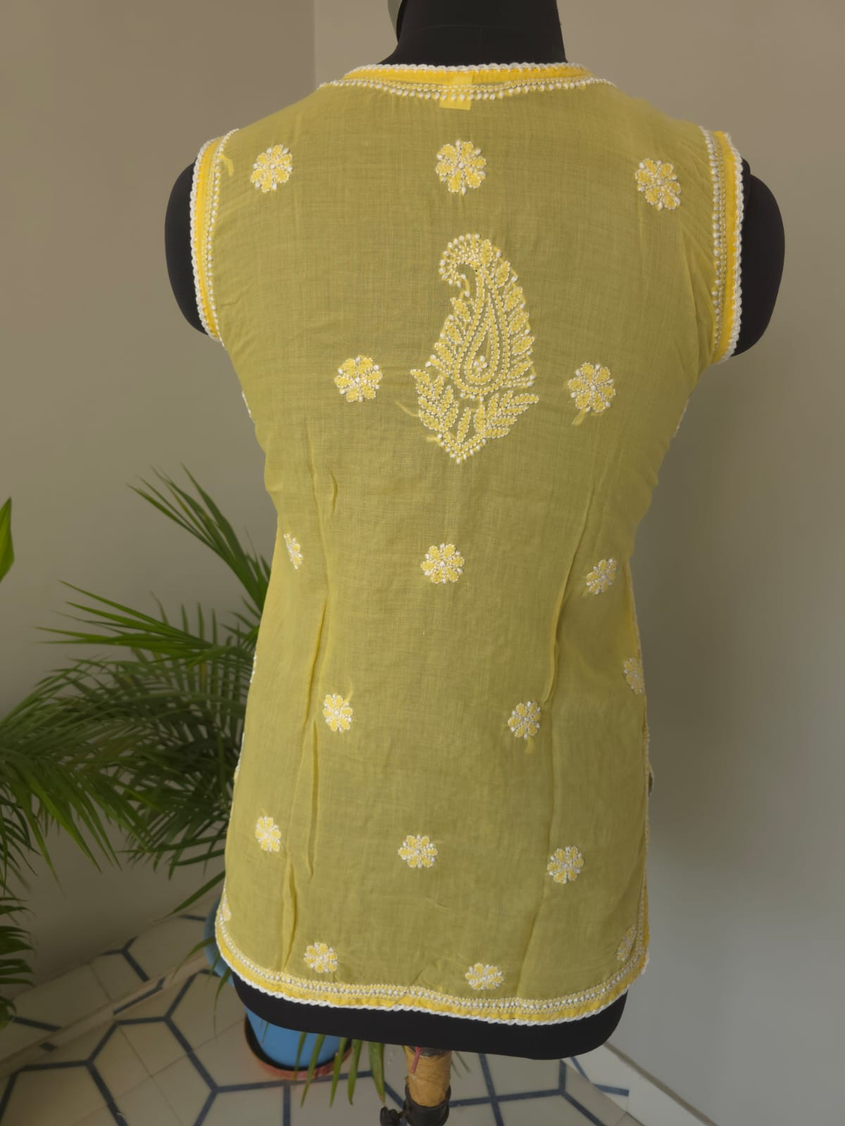 Soft Cotton Hand Embroidered Mango Yellow Sleeveless Short Top
