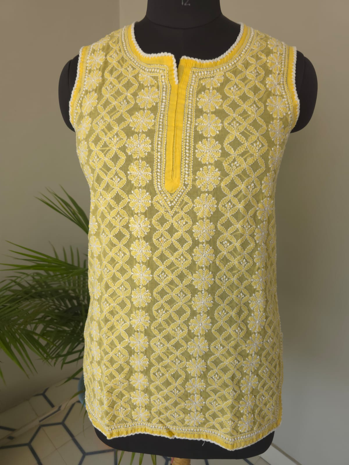 Soft Cotton Hand embroidered Yellow Sleeveless Short top