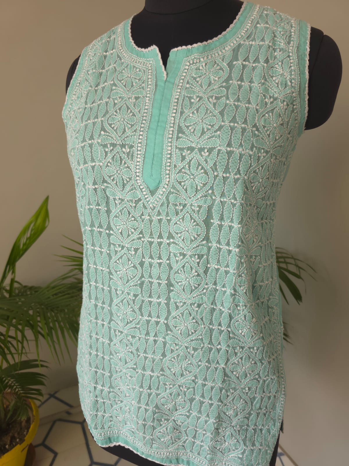 Soft Cotton Hand embroidered Sea Green Sleeveless  Short Top