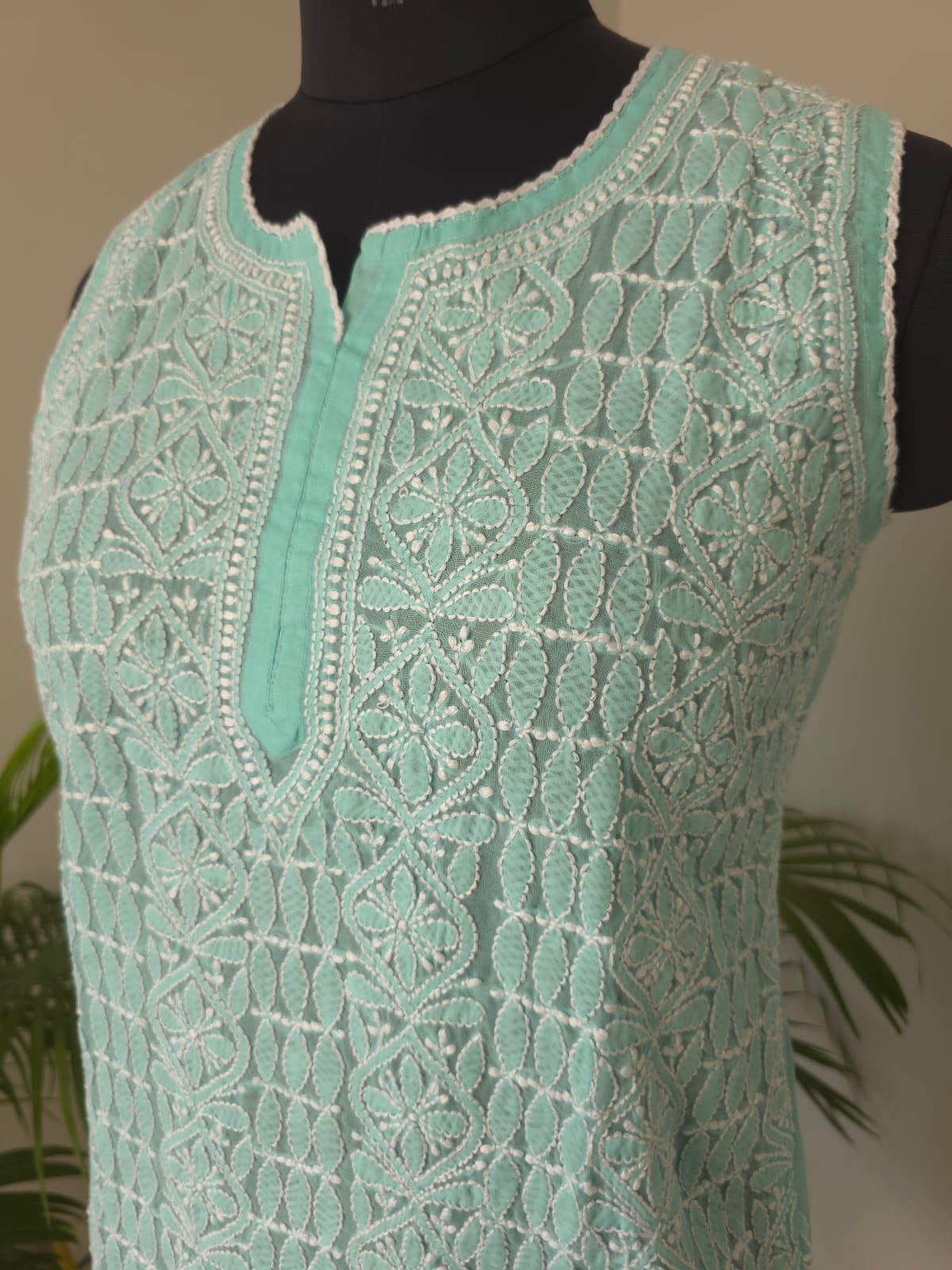 Soft Cotton Hand embroidered Sea Green Sleeveless  Short Top