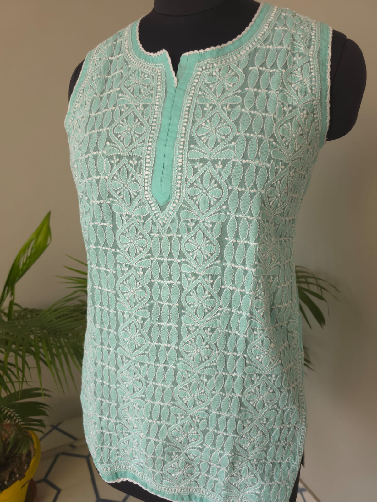 Soft Cotton Hand embroidered Sea Green Sleeveless  Short Top