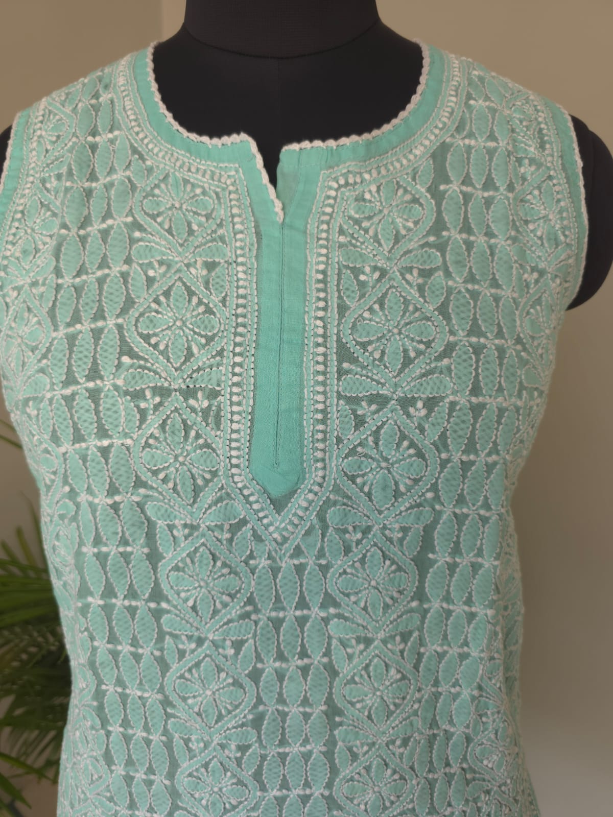 Soft Cotton Hand embroidered Sea Green Sleeveless  Short Top