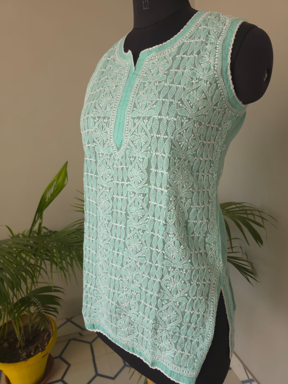 Soft Cotton Hand embroidered Sea Green Sleeveless  Short Top