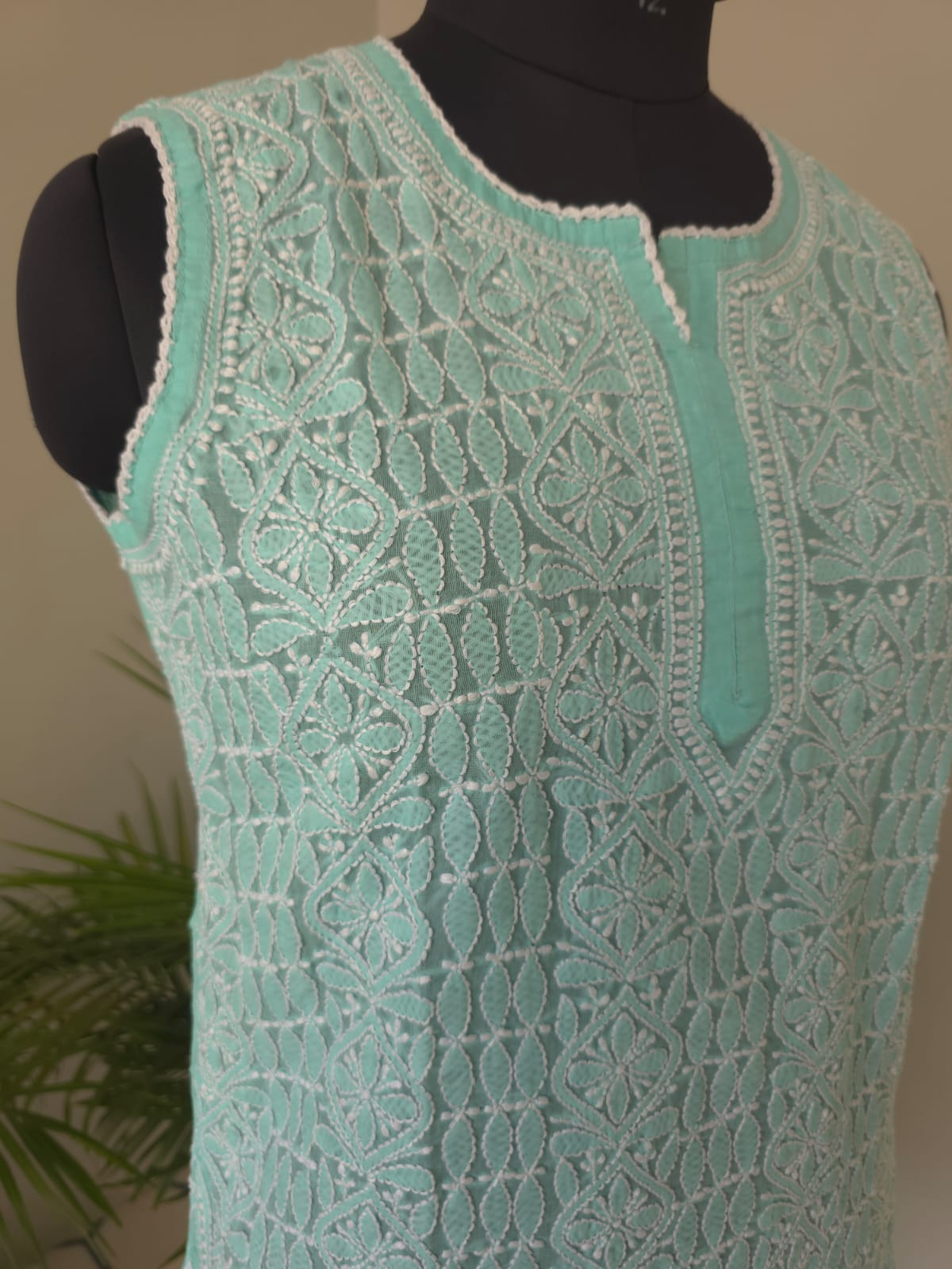 Soft Cotton Hand embroidered Sea Green Sleeveless  Short Top