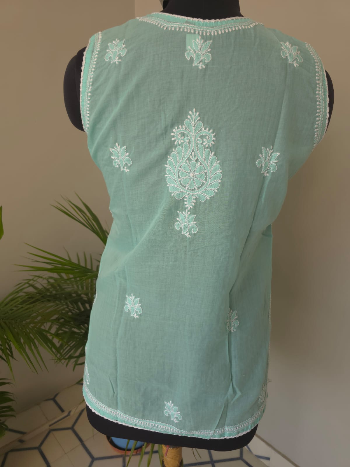 Soft Cotton Hand embroidered Sea Green Sleeveless  Short Top