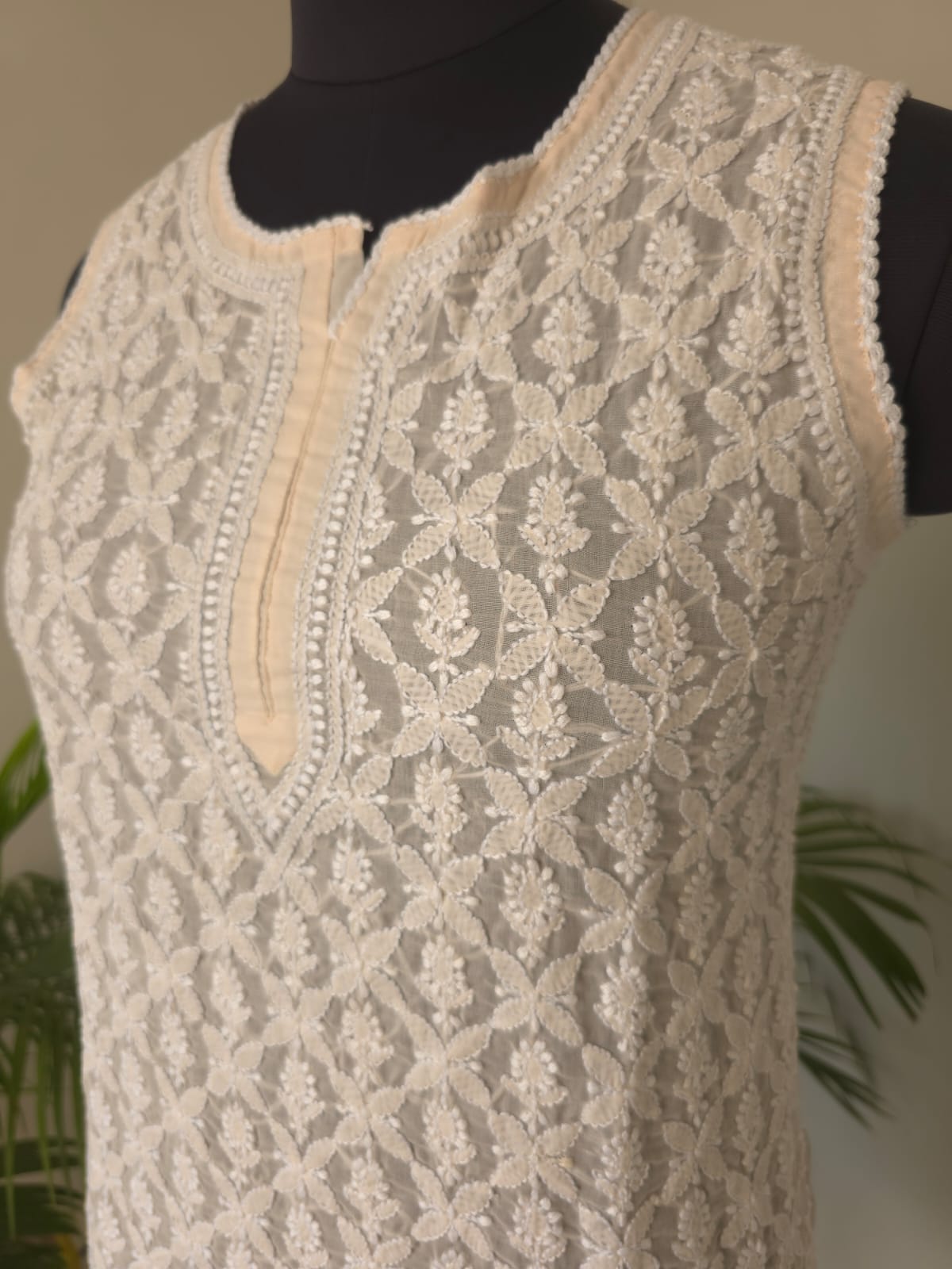 Soft Cotton Hand Embroidered Powder peach Sleeveless short Top