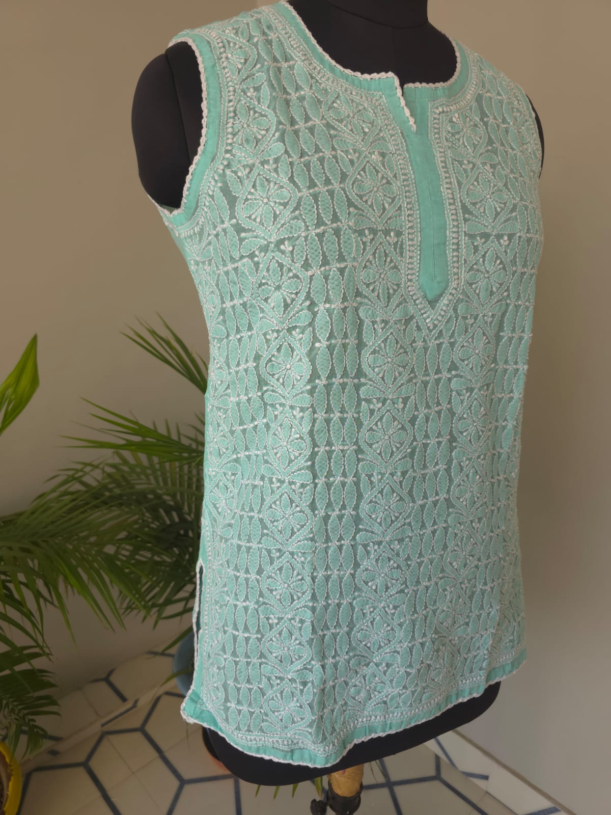Soft Cotton Hand embroidered Sea Green Sleeveless  Short Top