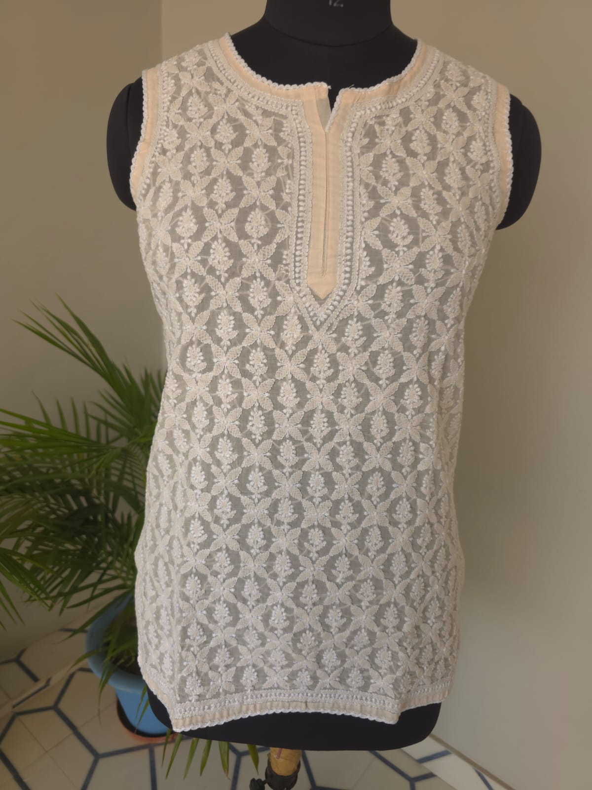 Soft Cotton Hand Embroidered Powder peach Sleeveless short Top