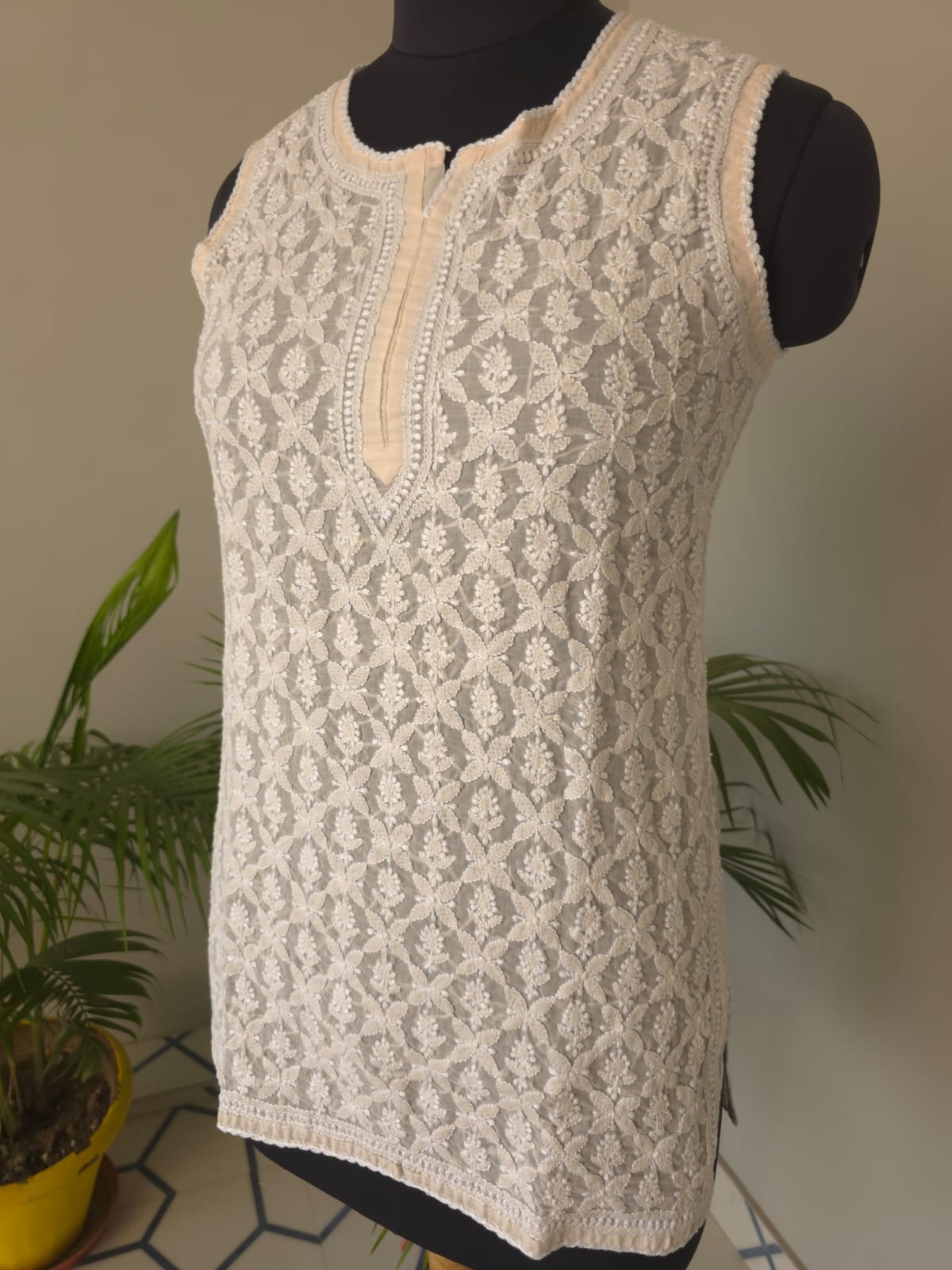 Soft Cotton Hand Embroidered Powder peach Sleeveless short Top