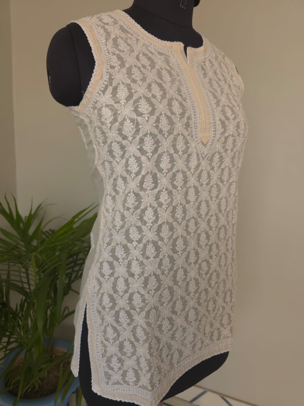 Soft Cotton Hand Embroidered Powder peach Sleeveless short Top