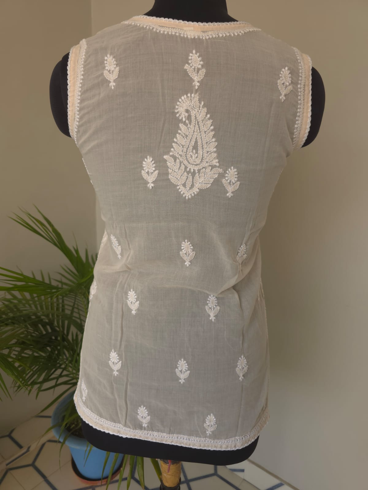 Soft Cotton Hand Embroidered Powder peach Sleeveless short Top