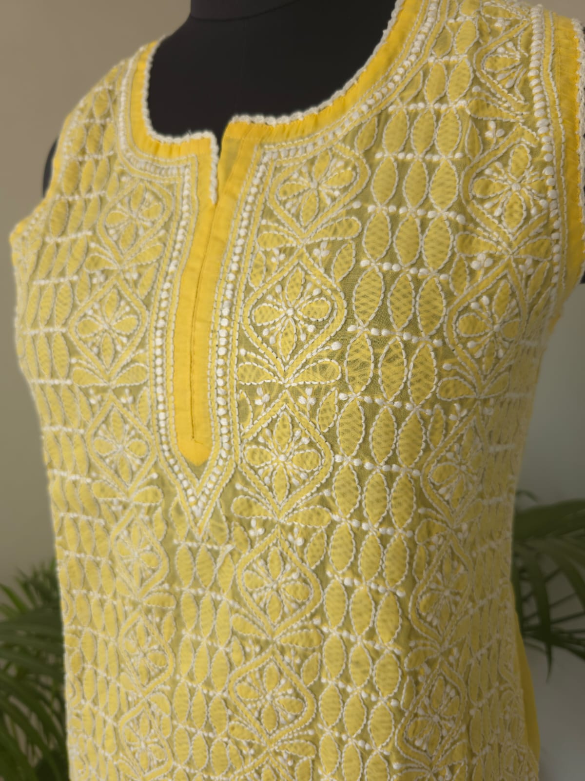 Soft Cotton Hand Embroidered Mango Yellow Sleeveless Short Top