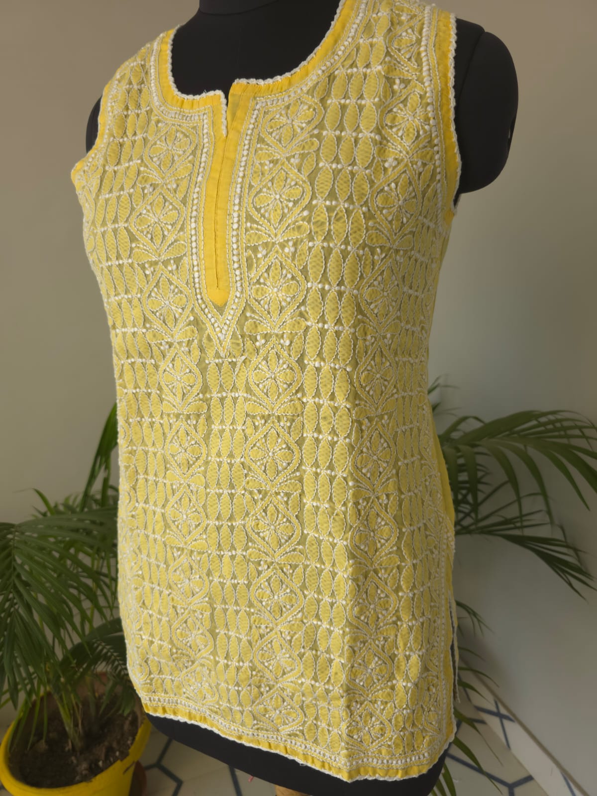 Soft Cotton Hand Embroidered Mango Yellow Sleeveless Short Top