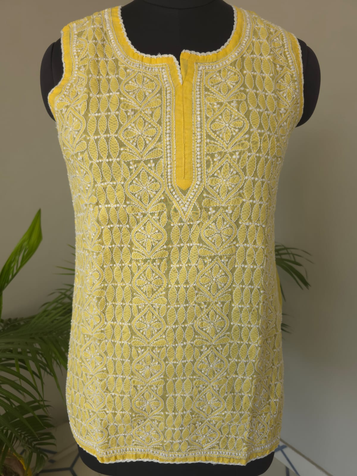Soft Cotton Hand Embroidered Mango Yellow Sleeveless Short Top