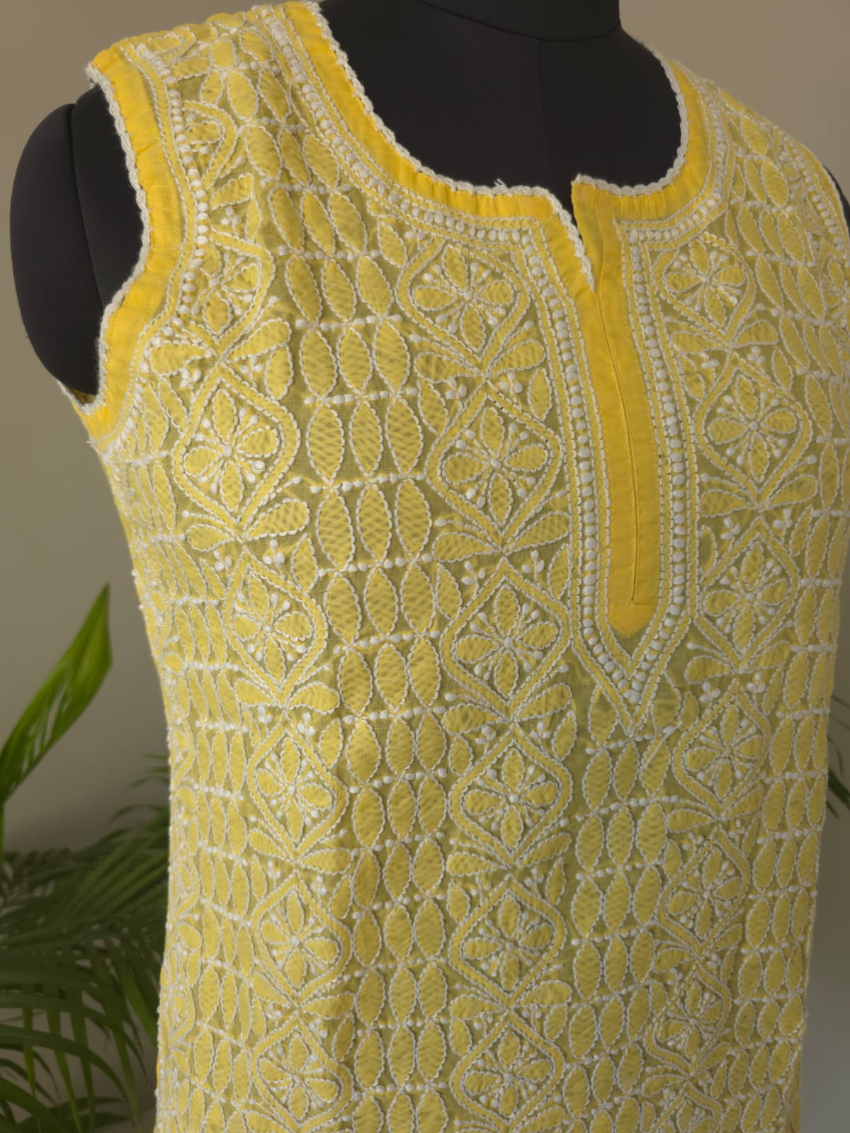 Soft Cotton Hand Embroidered Mango Yellow Sleeveless Short Top