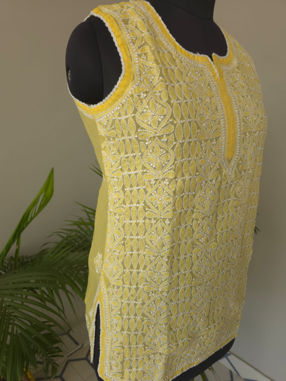 Soft Cotton Hand Embroidered Mango Yellow Sleeveless Short Top