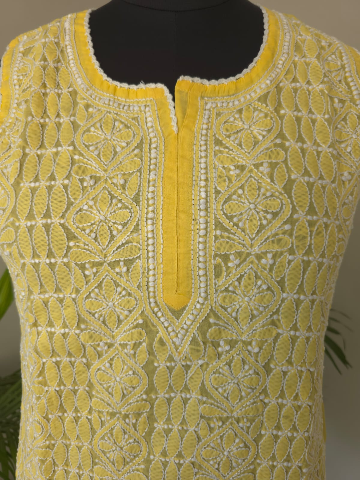 Soft Cotton Hand Embroidered Mango Yellow Sleeveless Short Top