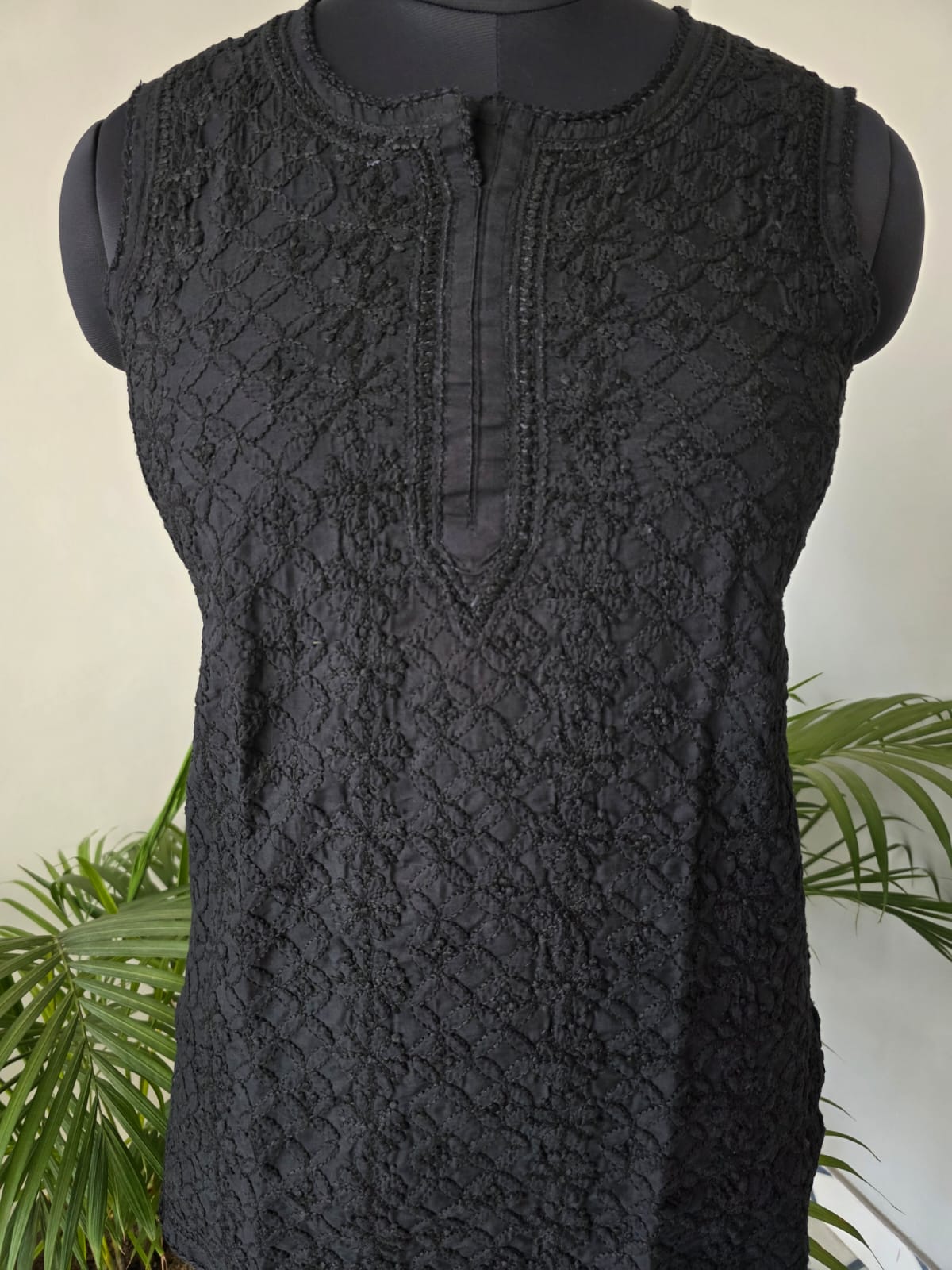Soft Cotton Hand Embroidered Black Sleeveless Short Top