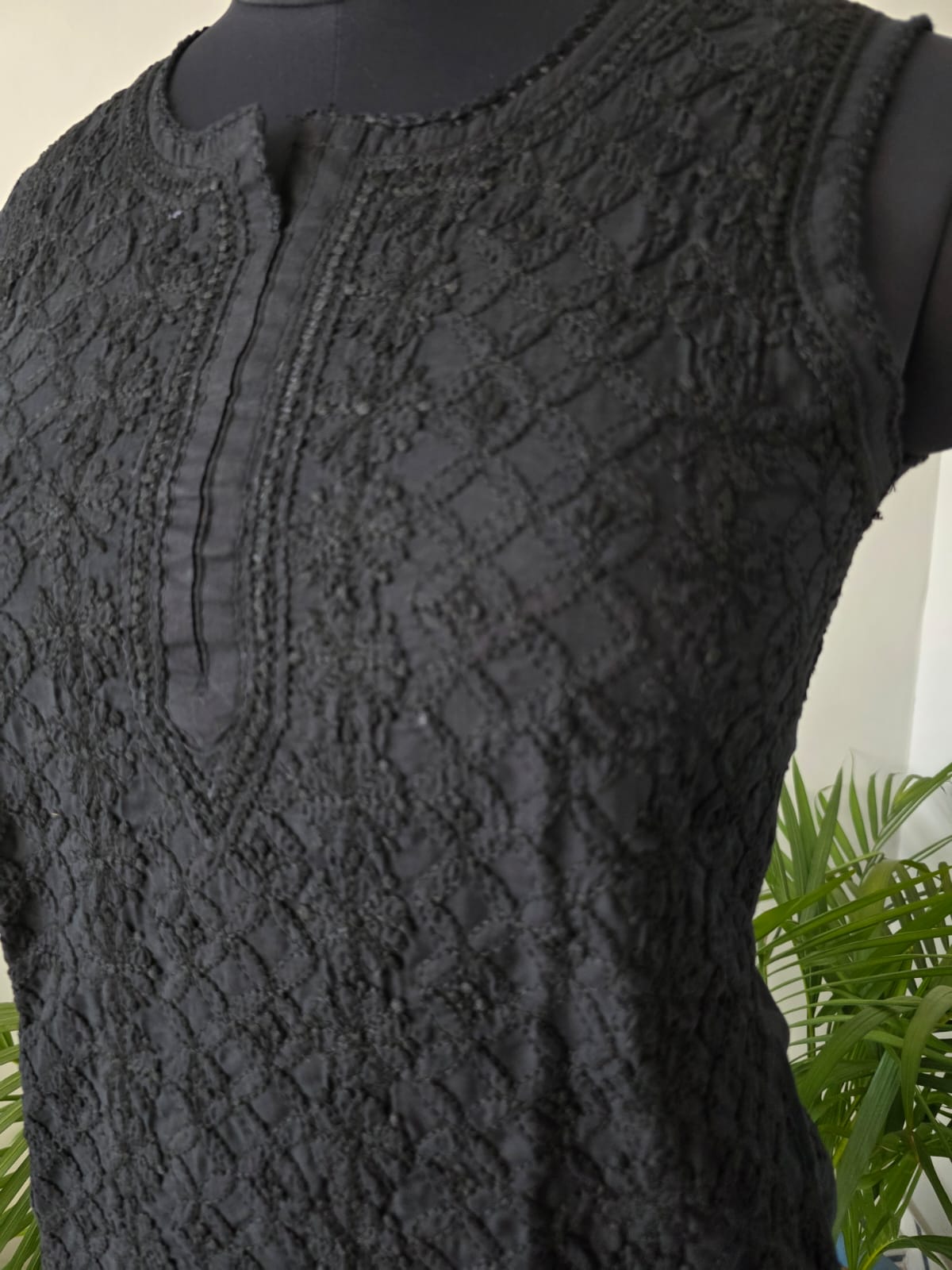 Soft Cotton Hand Embroidered Black Sleeveless Short Top