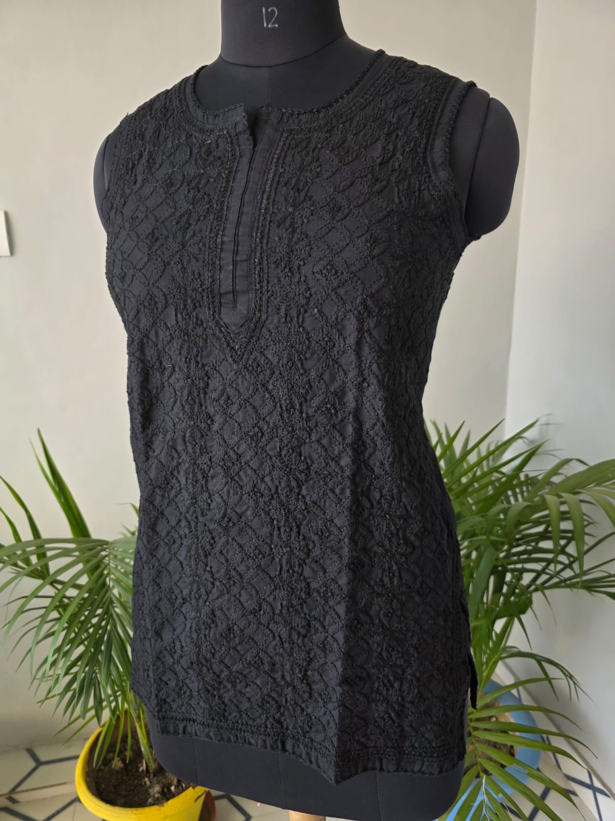 Soft Cotton Hand Embroidered Black Sleeveless Short Top