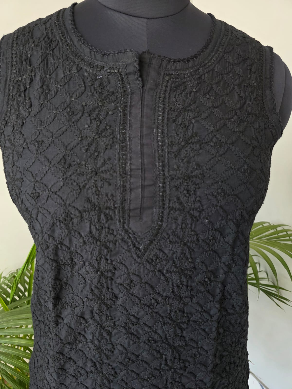 Soft Cotton Hand Embroidered Black Sleeveless Short Top