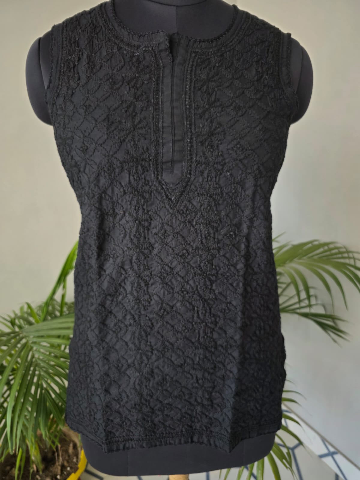 Soft Cotton Hand Embroidered Black Sleeveless Short Top