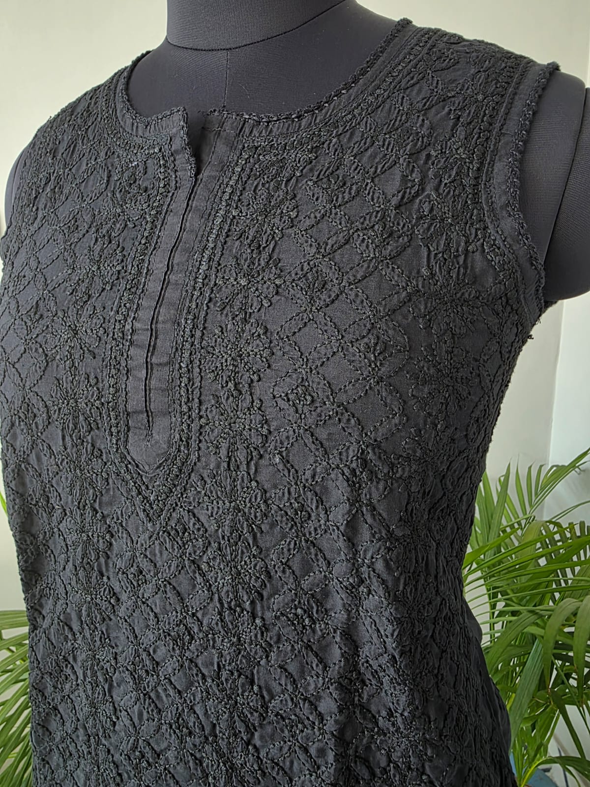 Soft Cotton Hand Embroidered Black Sleeveless Short Top