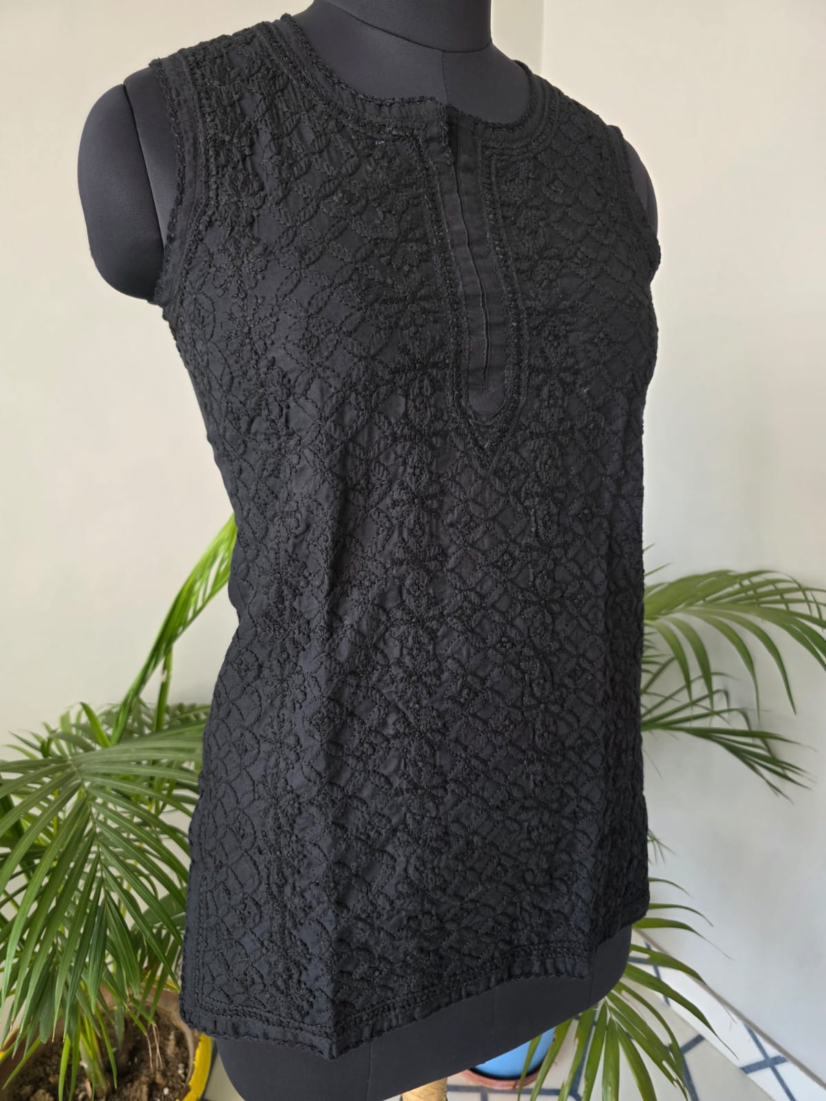 Soft Cotton Hand Embroidered Black Sleeveless Short Top