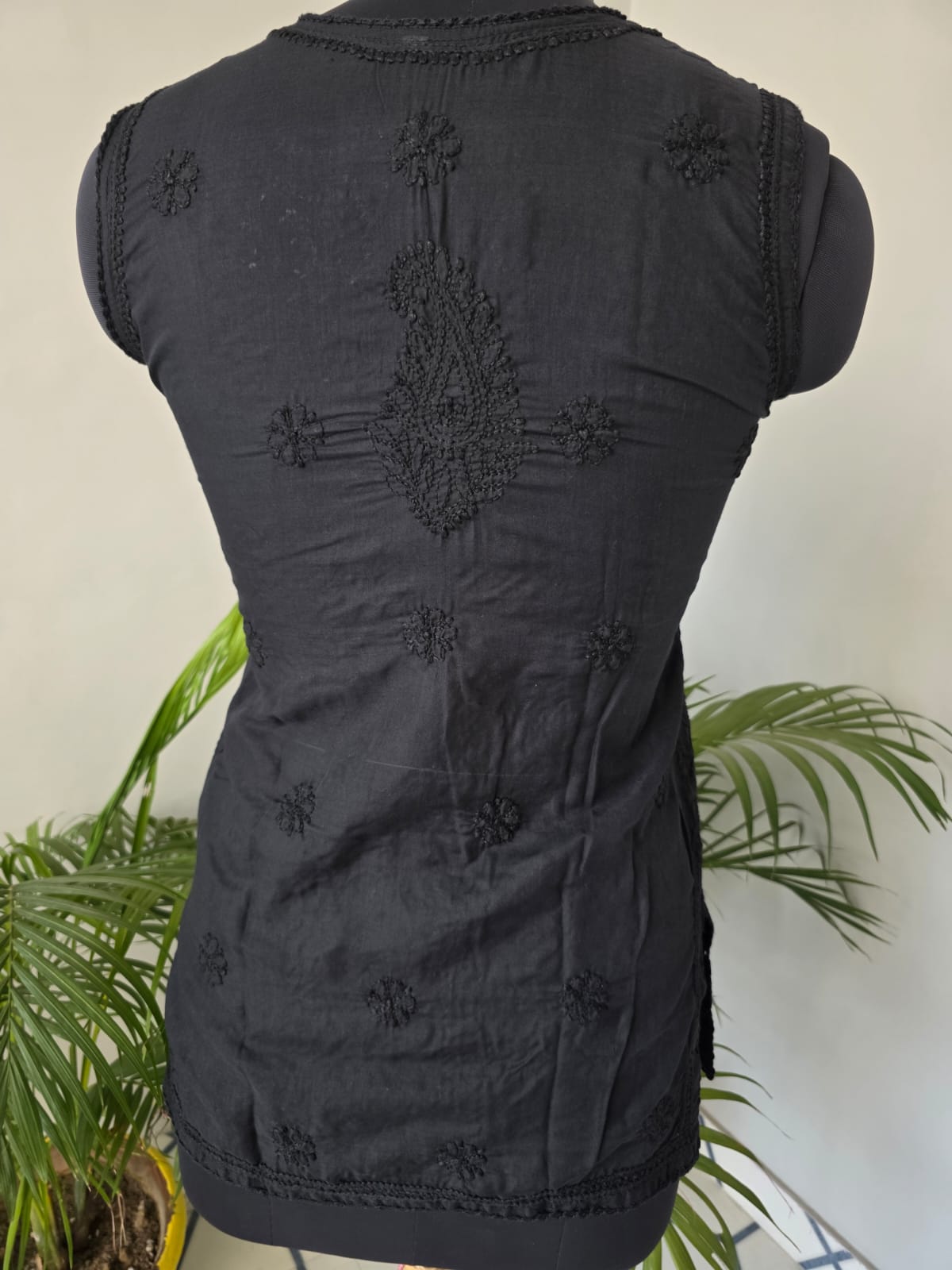 Soft Cotton Hand Embroidered Black Sleeveless Short Top