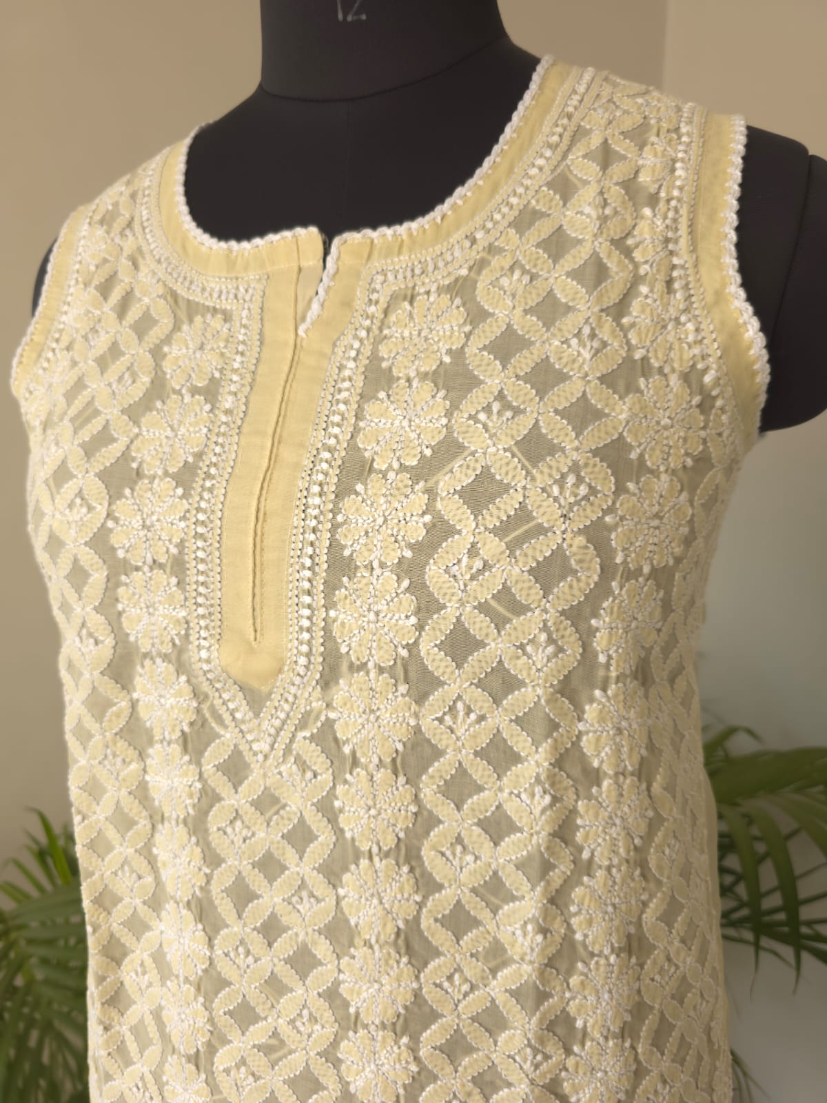 Soft Cotton Hand Embroidered Beige Sleeveless Short Top