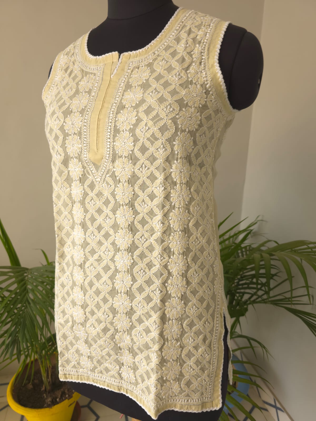Soft Cotton Hand Embroidered Beige Sleeveless Short Top
