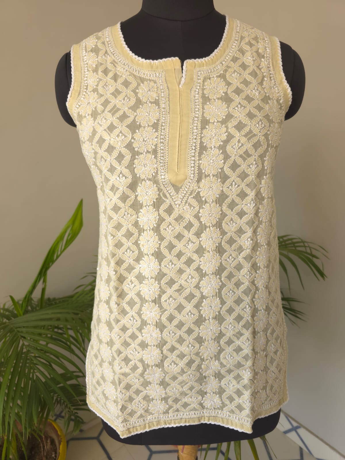 Soft Cotton Hand Embroidered Beige Sleeveless Short Top