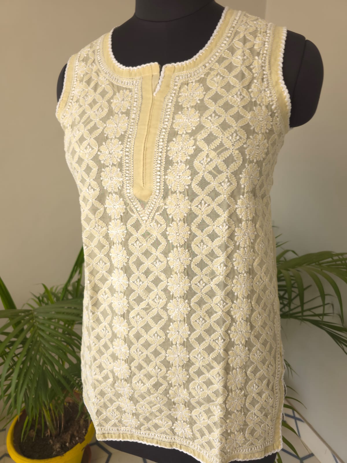 Soft Cotton Hand Embroidered Beige Sleeveless Short Top