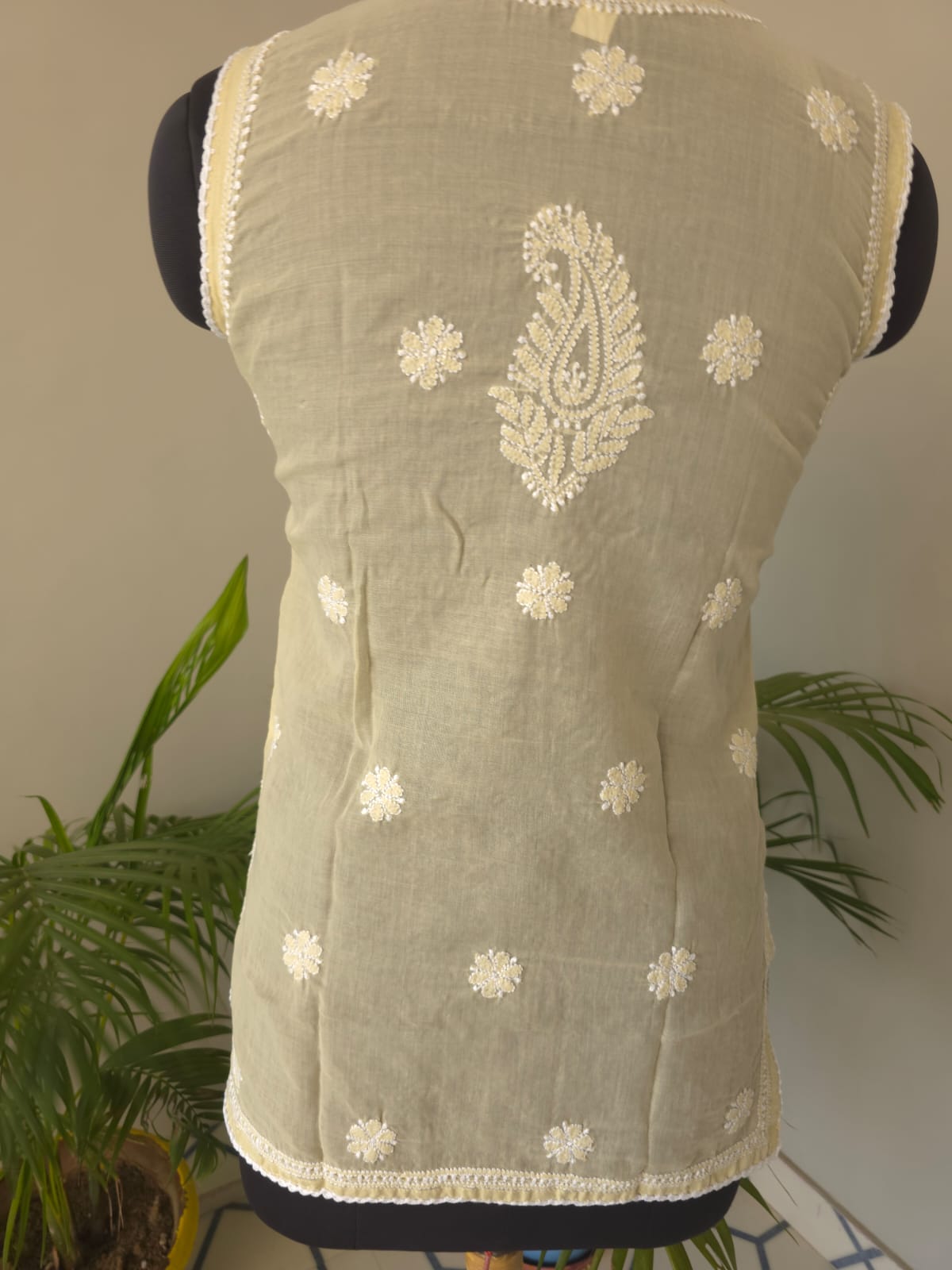 Soft Cotton Hand Embroidered Beige Sleeveless Short Top