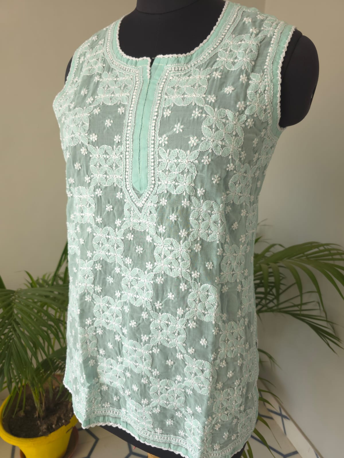 Soft Cotton Hand embroidered Sea Green Sleeveless Short top