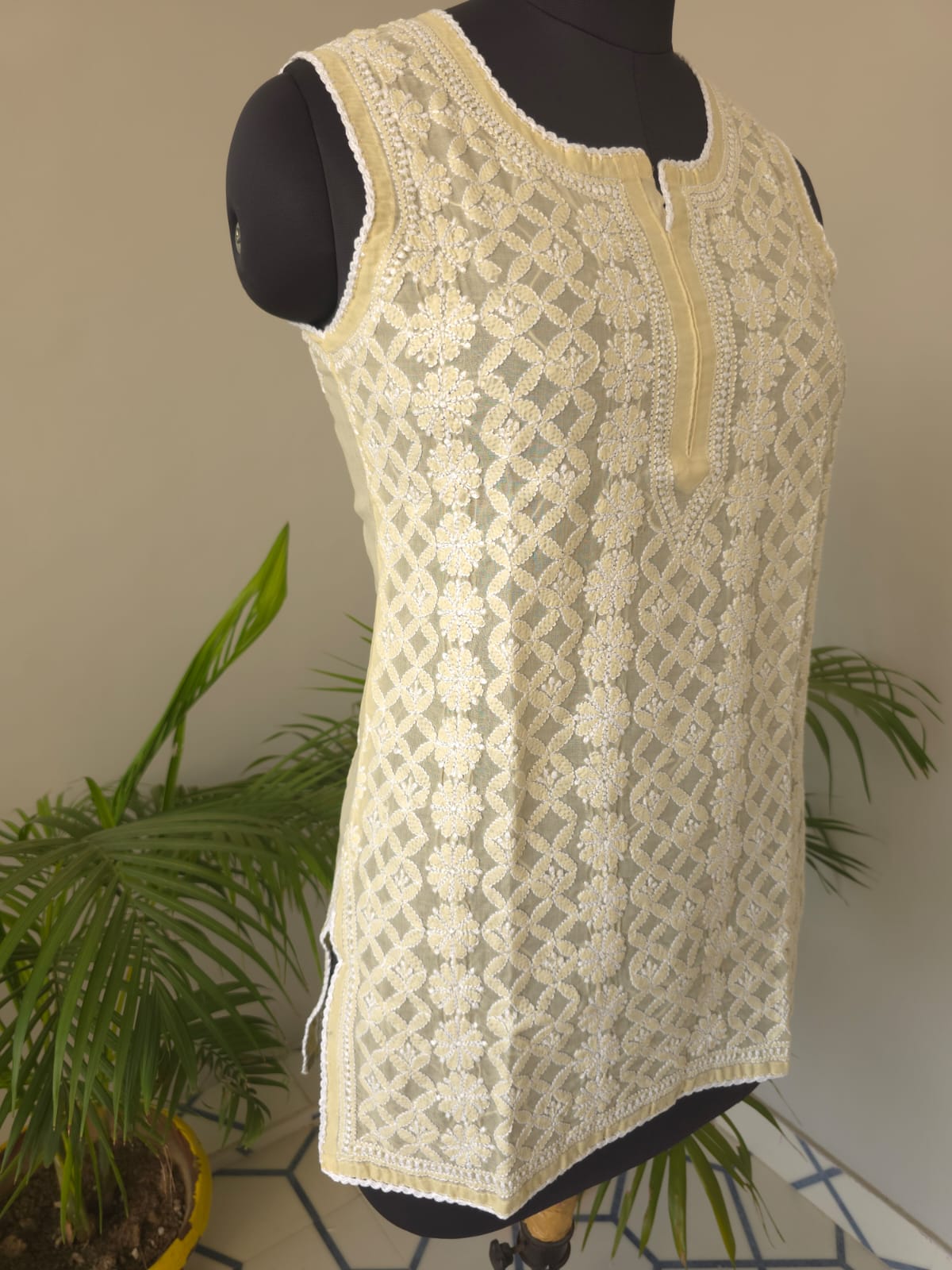 Soft Cotton Hand Embroidered Beige Sleeveless Short Top