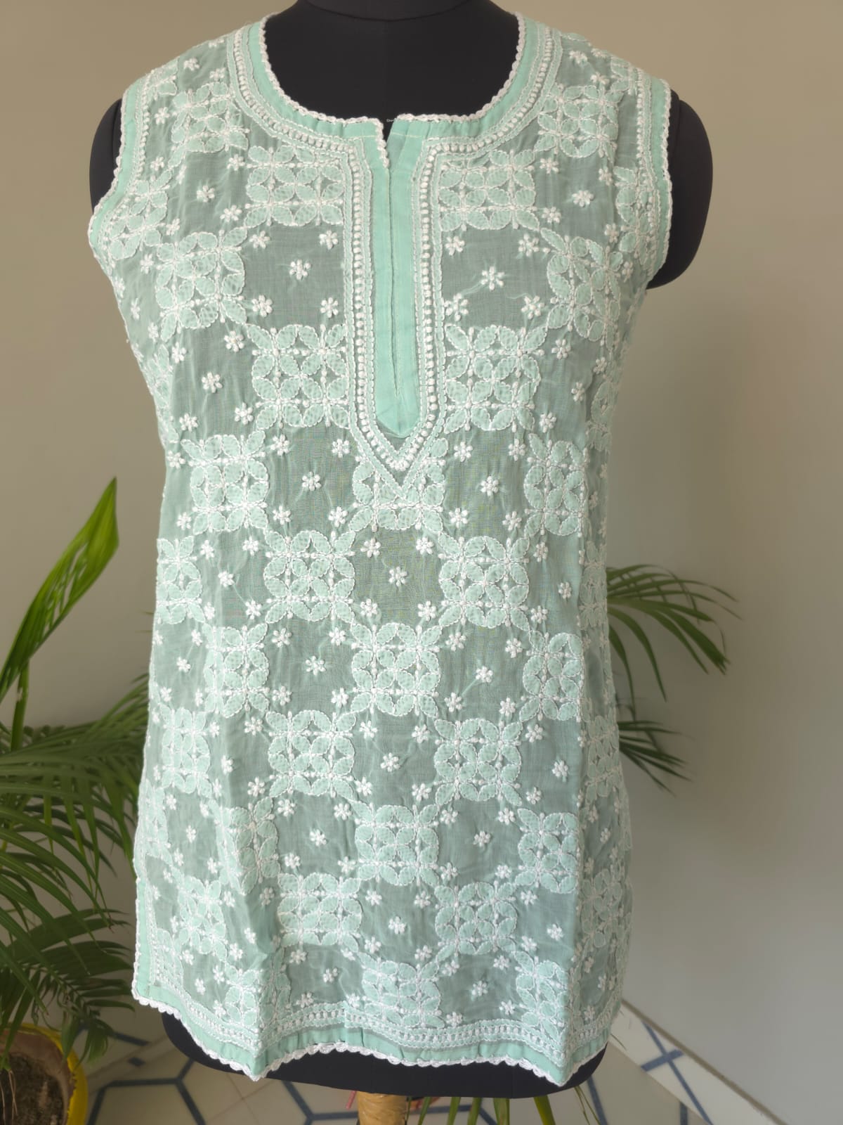Soft Cotton Hand embroidered Sea Green Sleeveless Short top