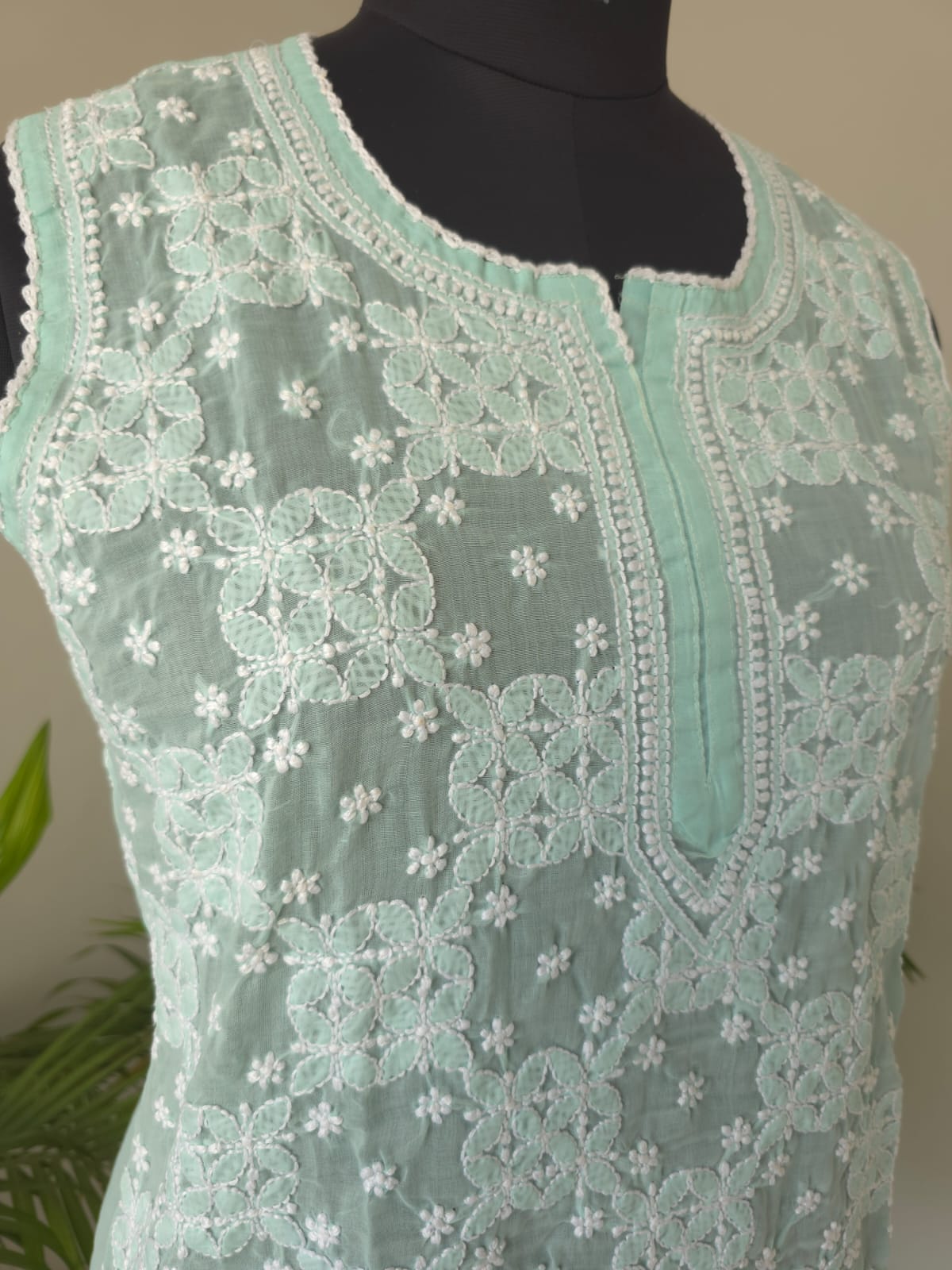 Soft Cotton Hand embroidered Sea Green Sleeveless Short top