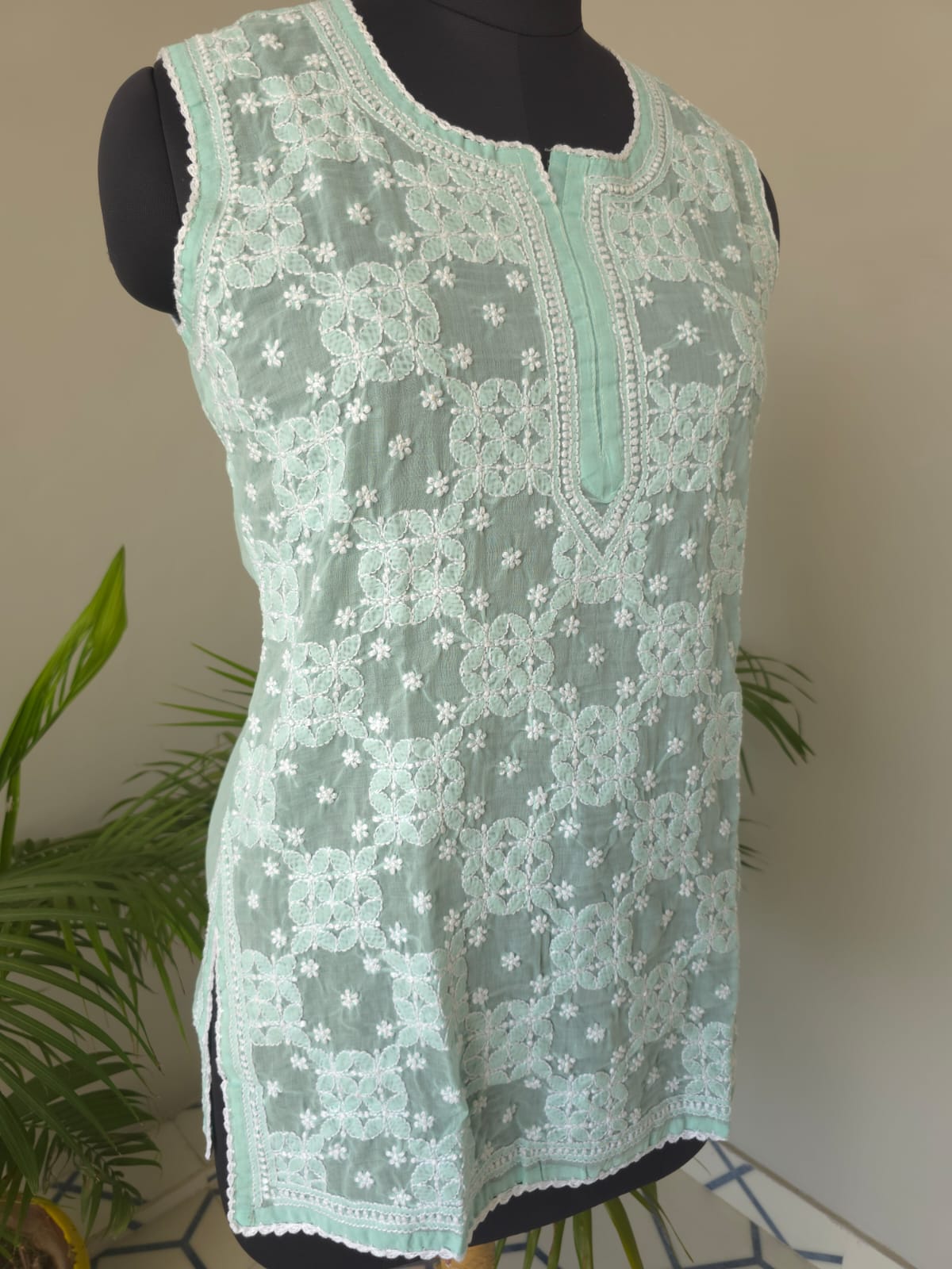 Soft Cotton Hand embroidered Sea Green Sleeveless Short top