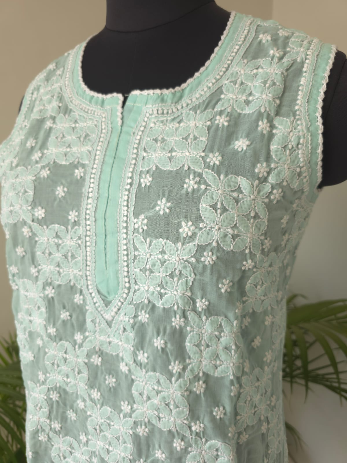 Soft Cotton Hand embroidered Sea Green Sleeveless Short top