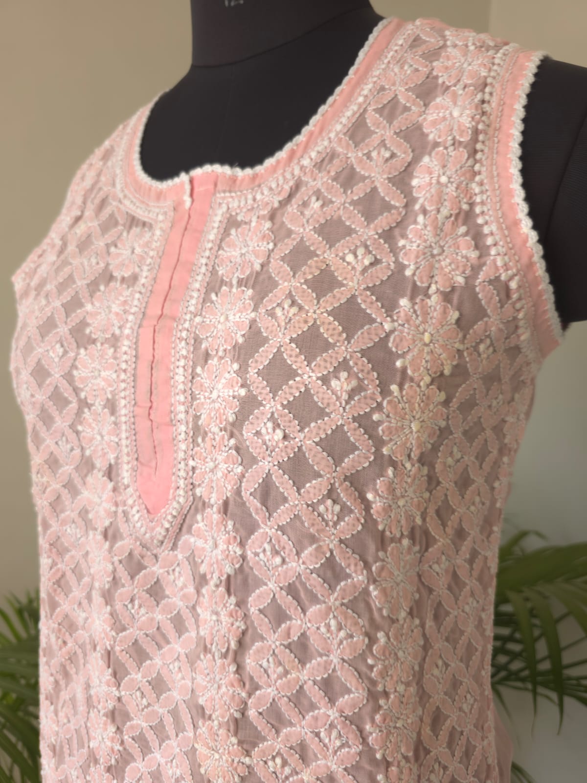Soft Cotton Hand Embroidered Rose Pink sleeveless short top