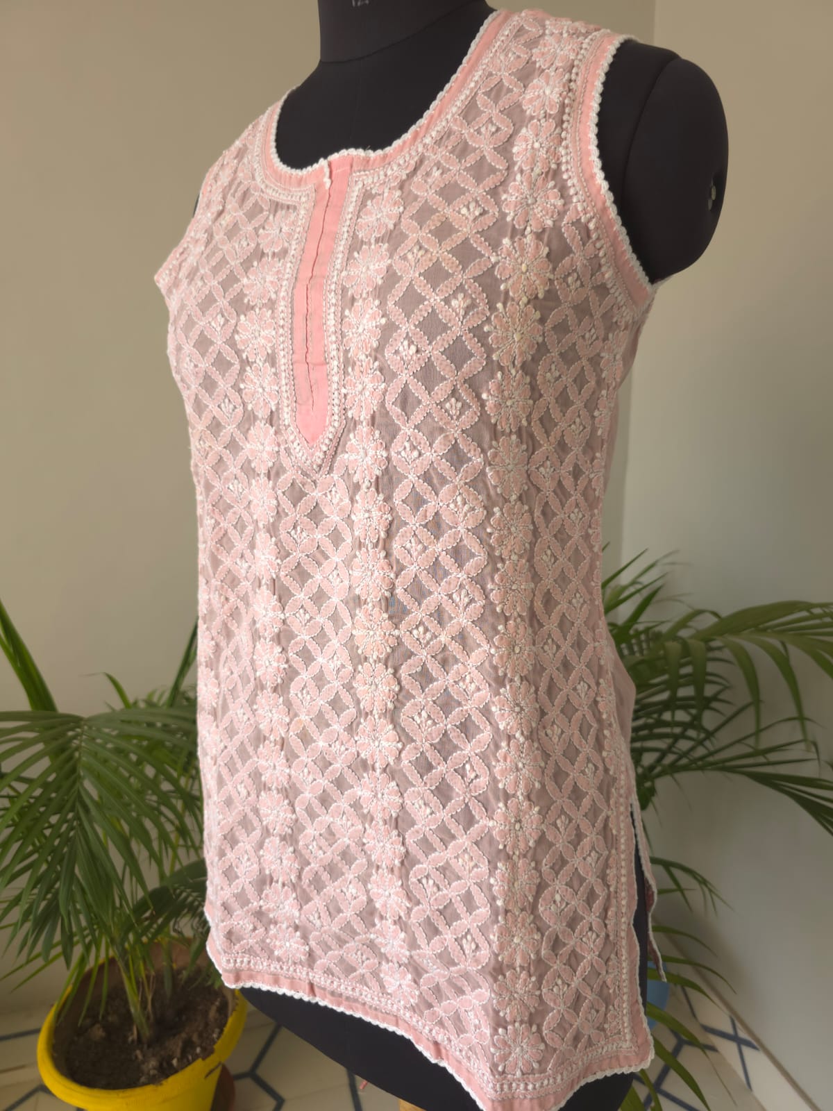 Soft Cotton Hand Embroidered Rose Pink sleeveless short top