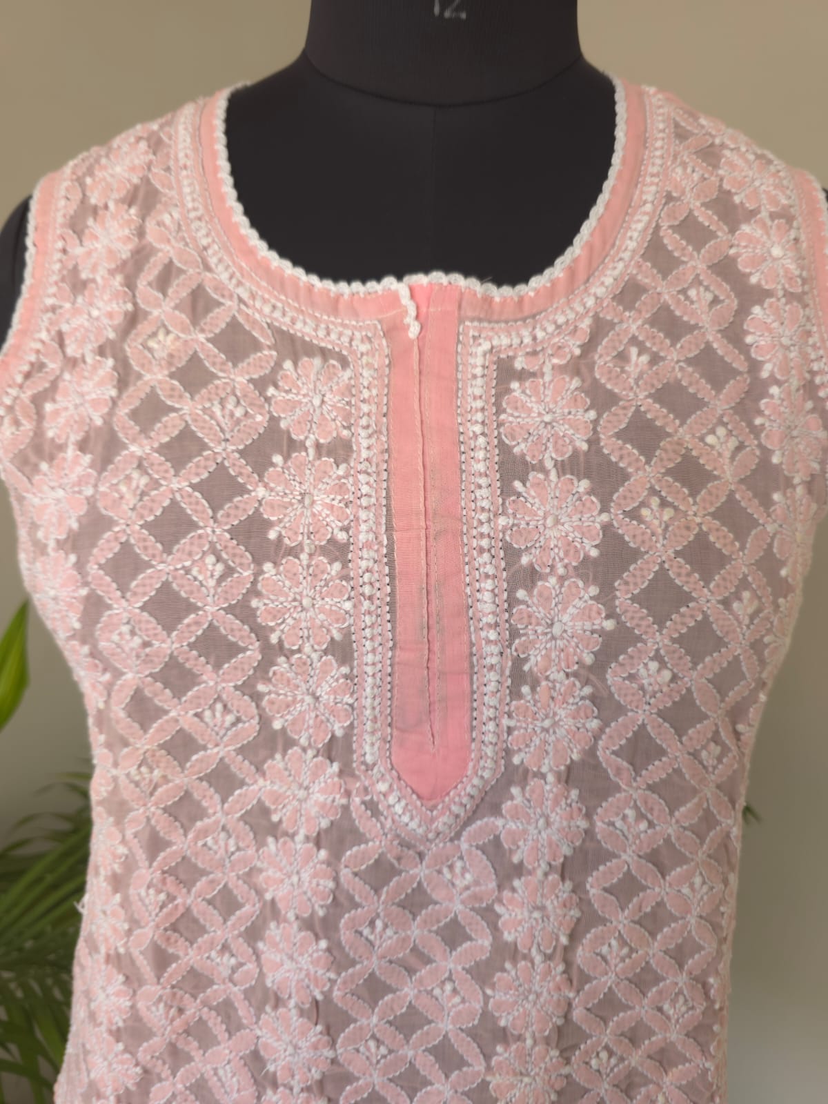 Soft Cotton Hand Embroidered Rose Pink sleeveless short top
