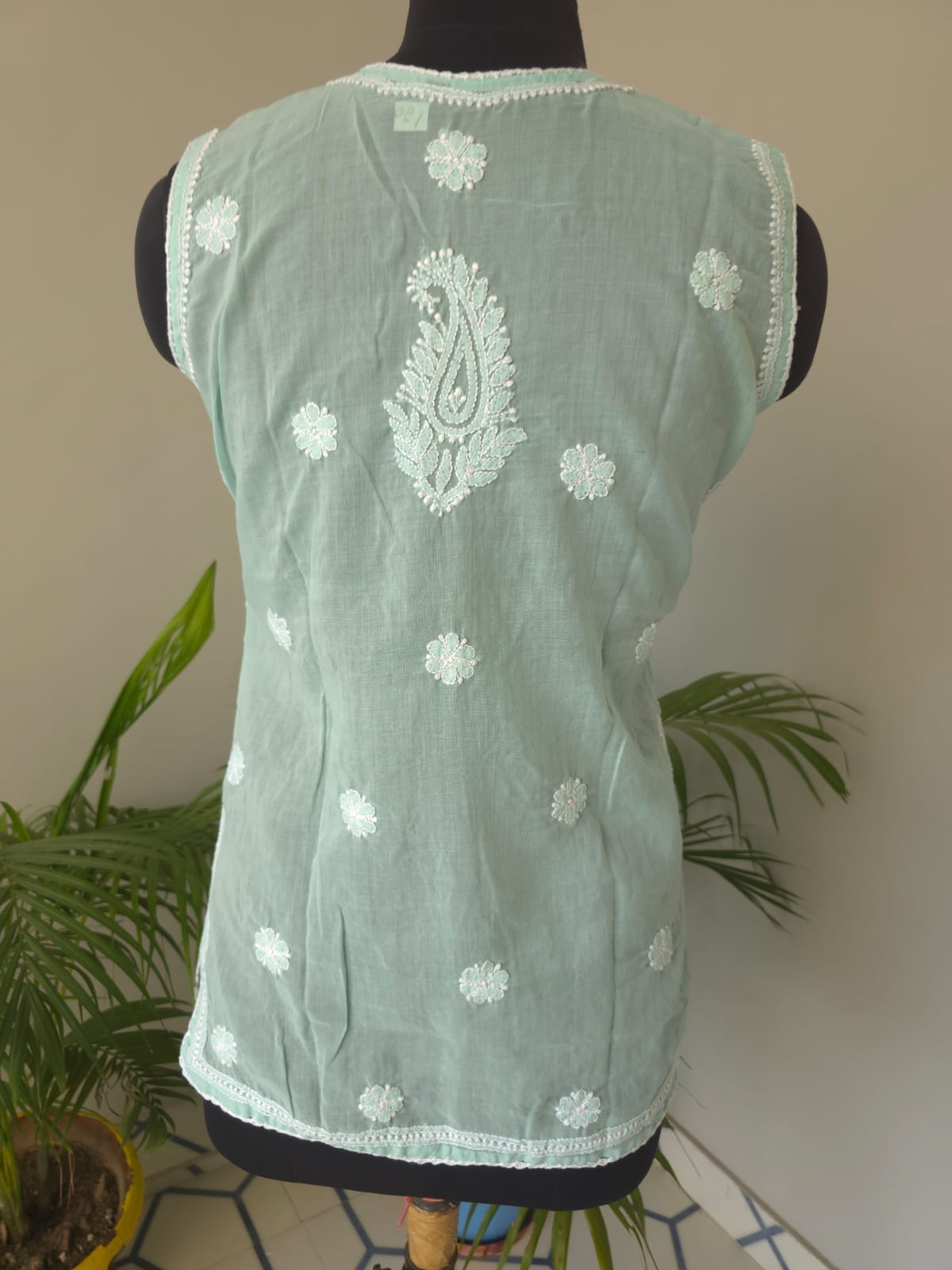 Soft Cotton Hand embroidered Sea Green Sleeveless Short top
