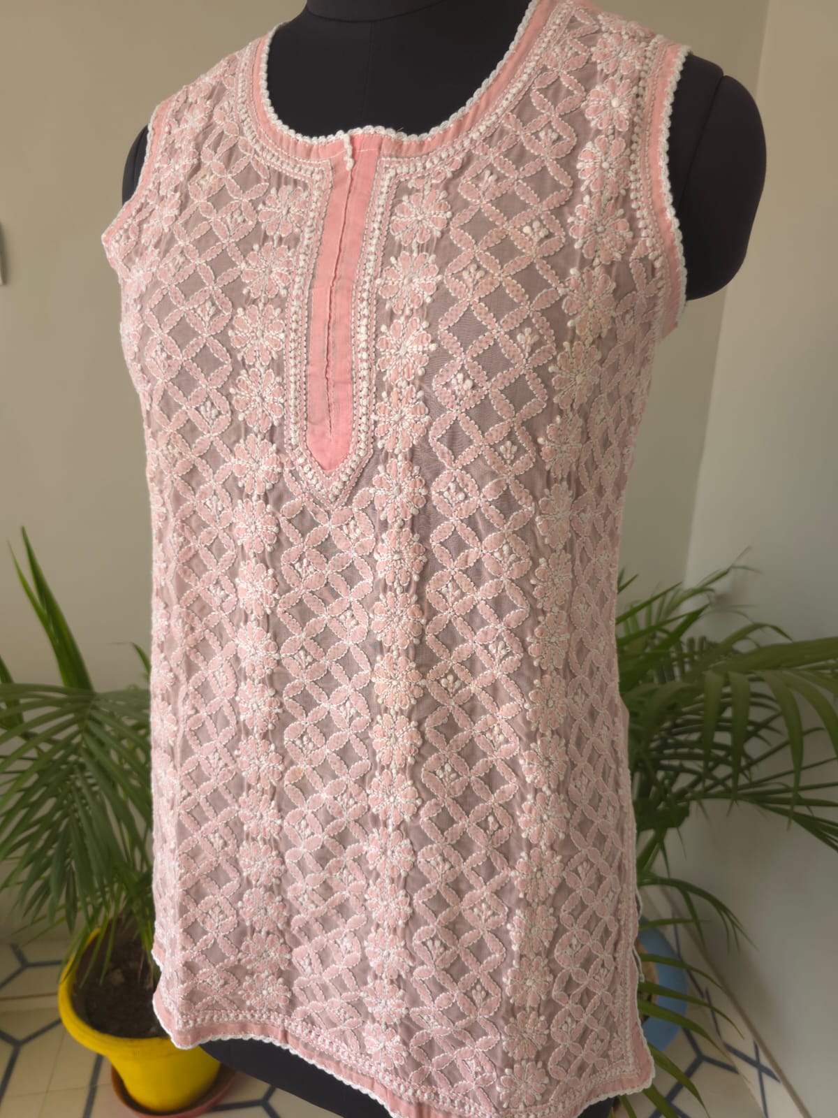 Soft Cotton Hand Embroidered Rose Pink sleeveless short top