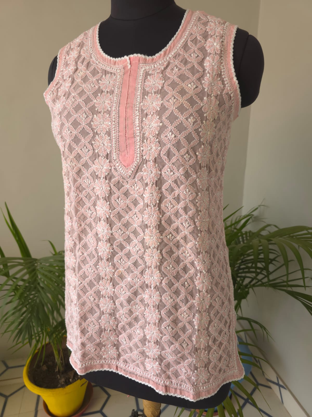 Soft Cotton Hand Embroidered Rose Pink sleeveless short top